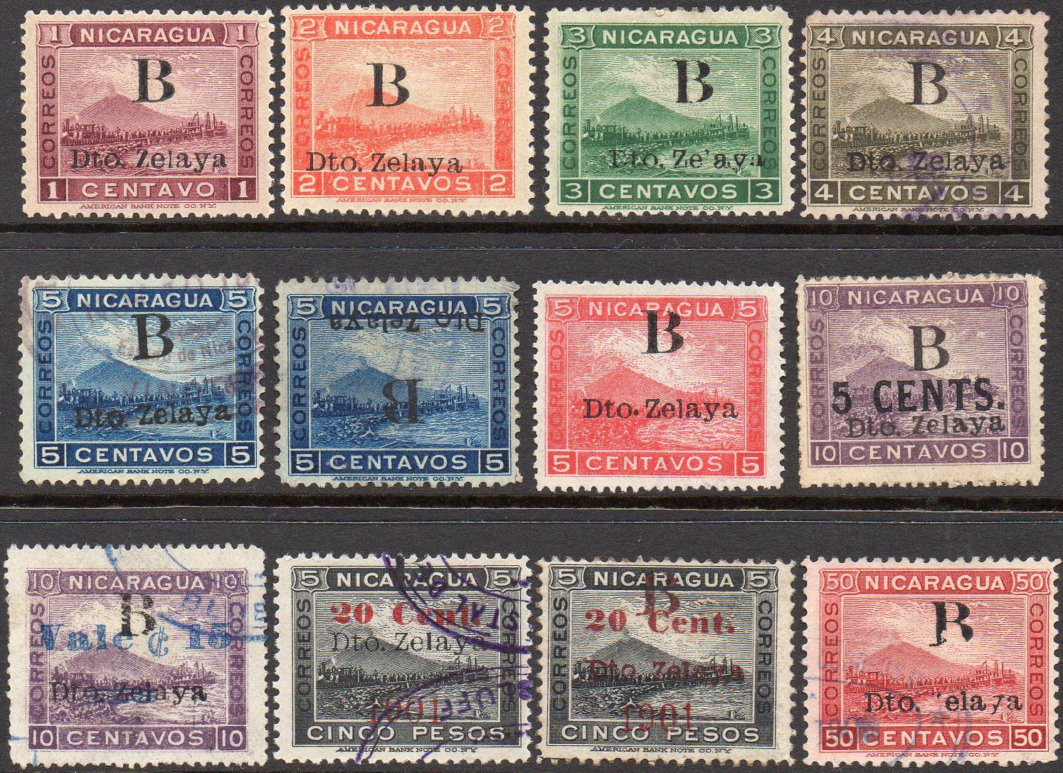 timbres-poste sellos postales stamps Nicaragua Momotombo to Dealers' Order Zelaya Bluefields Volcano & Train